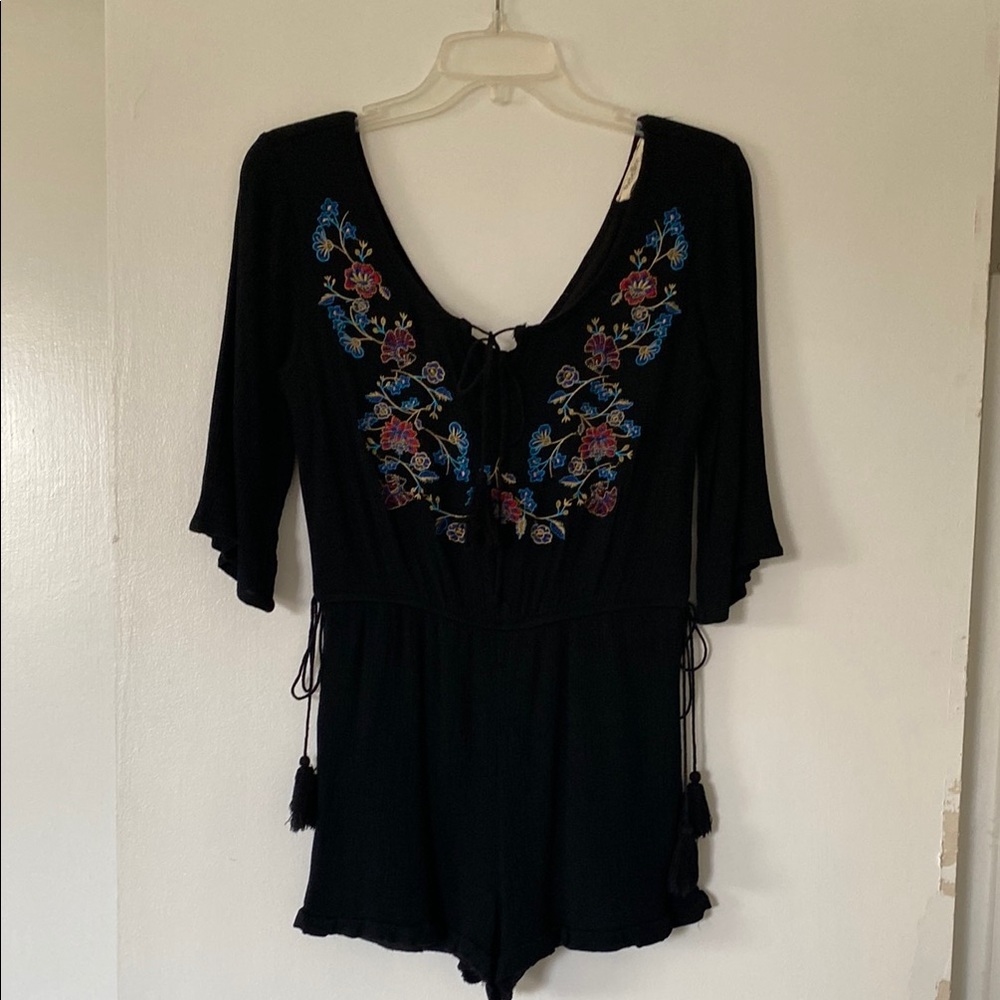 Cute Playsuit Romper with Floral Embroidery & Tassels